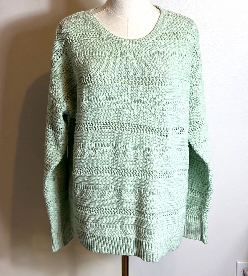 J.Jill Women’s Green Open-Knit Cotton Pullover Sweater L Cottage Core